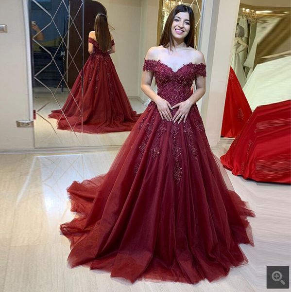 2019 vestido de festa burgundy tulle ball gown lace appliques prom dresses off the shoulder v neck beaded stylish prom gowns selling, Black